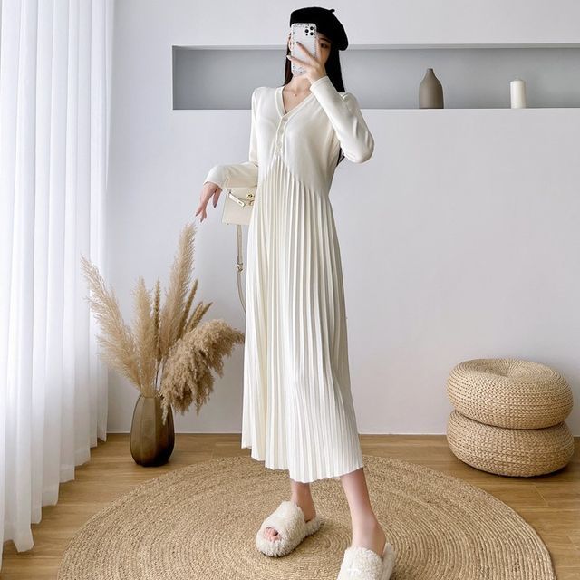 Odestra - Long-Sleeve V-Neck Plain Knit Pleated Midi Dress | YesStyle
