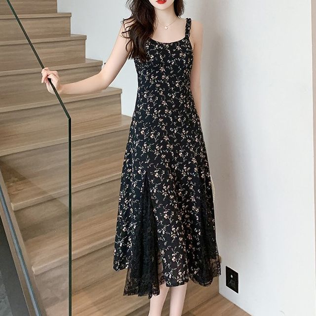 navy blue dress for baby girl Mac Duggal Floral Net Tie Strap Scoop Neck A Line Midi Dress