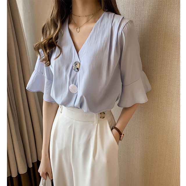 INEN-Elbow-Sleeve V-Neck Button-Up Chiffon Blouse
