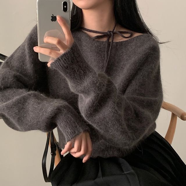 PINPI-Round Neck Plain Tie-Up Sweater