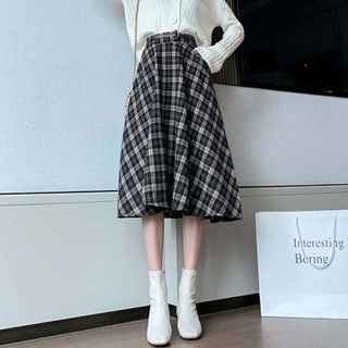 plaid a line midi skirt