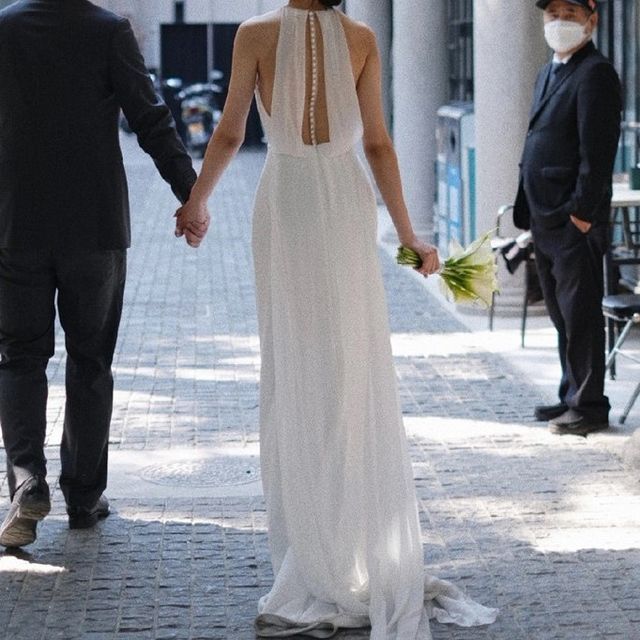 DreesHouse-Sleeveless Halter Plain Open Back A-Line Wedding Gown