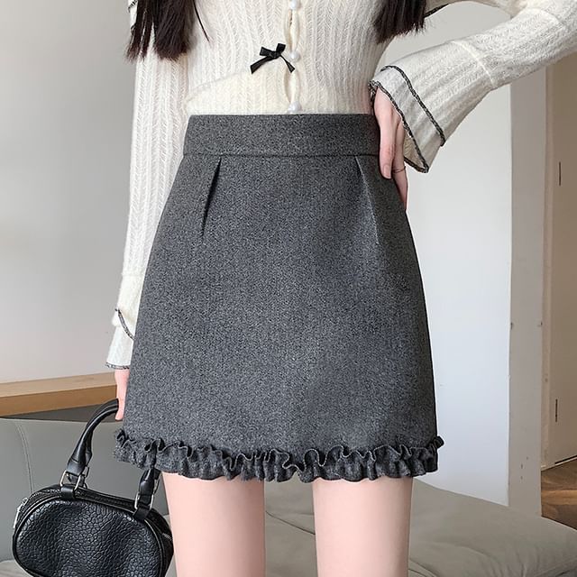 Joyciful-High Waist Plain Frill Trim Mini A-Line Skirt