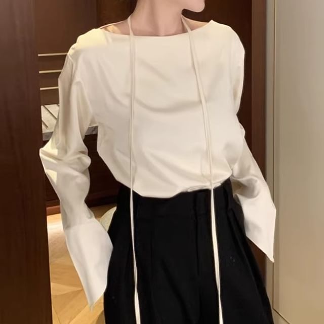 Coris-Long-Sleeve Boat Neck Plain Satin Top