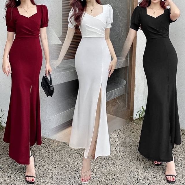 knee length dresses for ladies Mickaa Short Sleeve Bodycon Maxi Dress In Green – MICKAA main image 1