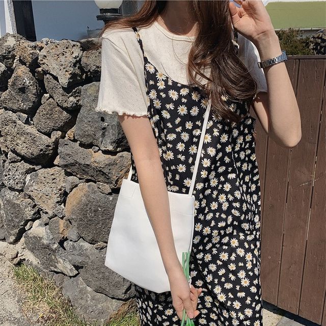 Tangihouse Short-Sleeve Lettuce Edge T-Shirt Spaghetti Strap