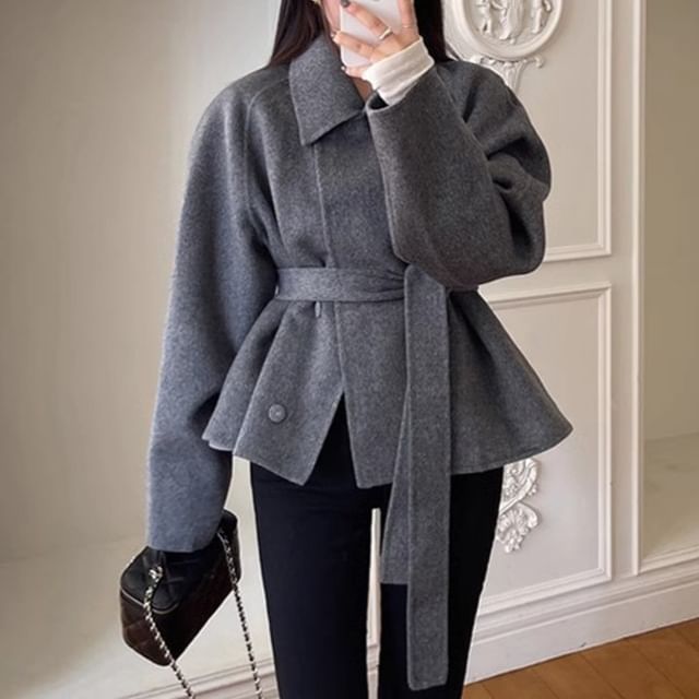 Coris-Collared Plain Concealed Button Tie Front Jacket