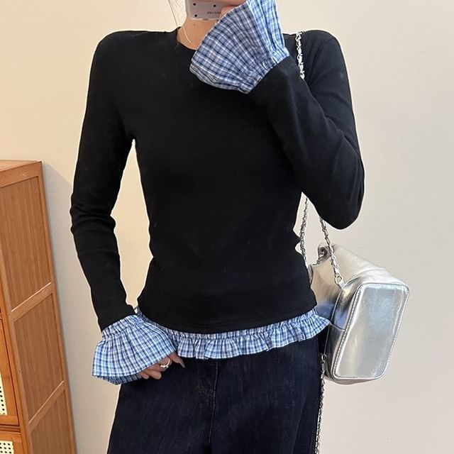 Sienne-Mock Two-Piece Long-Sleeve Plaid Trim Tee