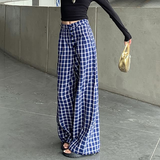Cloud Nine-Mid Waist Plaid Wide Leg Pants