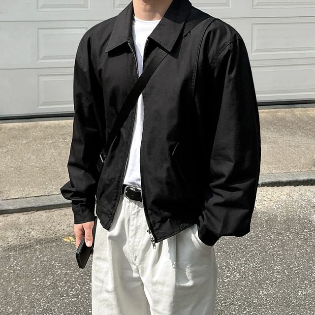 Omozando-Collared Drop Shoulder Plain Zip Jacket