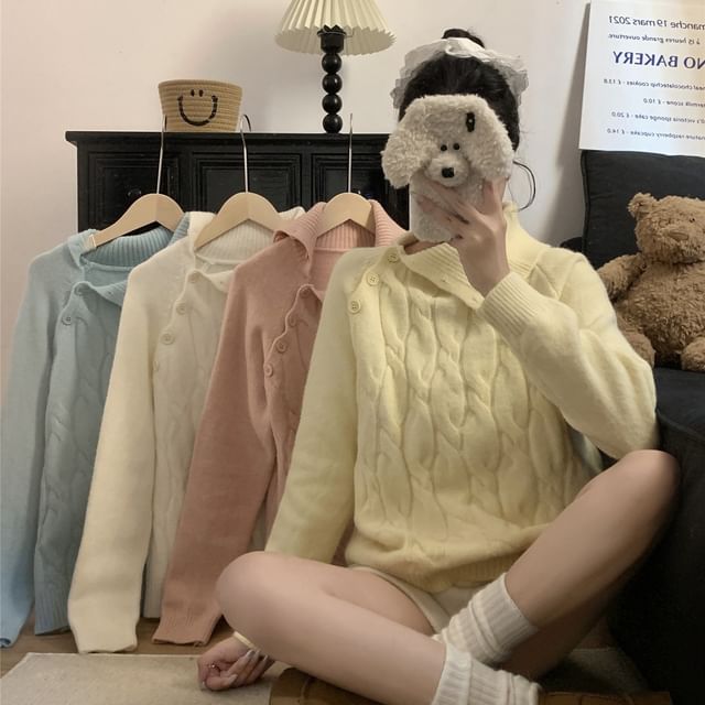 Porstina-Turtleneck Plain Asymmetrical Button Cable Knit Sweater