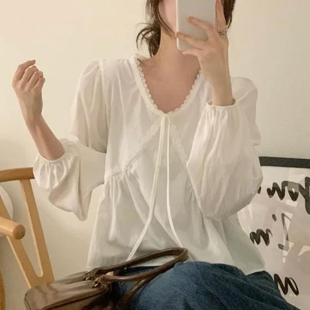 Janerium-Long Sleeve V-Neck Plain Panel Lace Trim Blouse