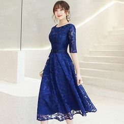 Wonhi - Elbow-Sleeve Lace A-line Cocktail Dress