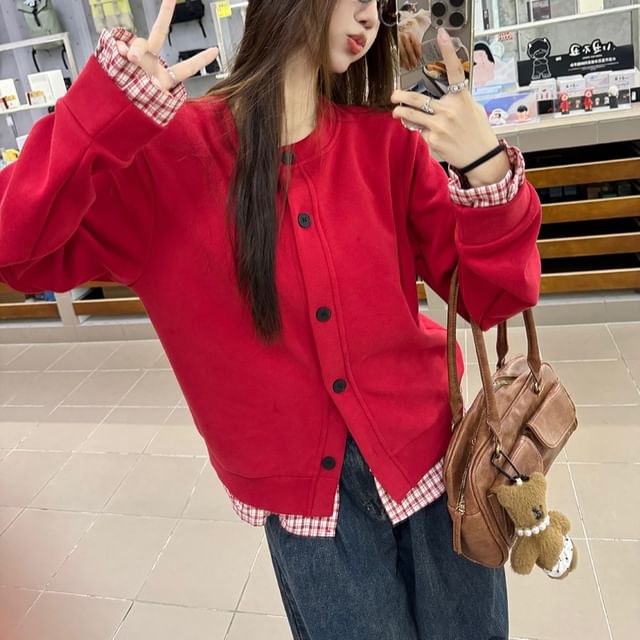 Beem-Crew Neck Mock Two-Piece Plaid Panel Button-Up Jacket
