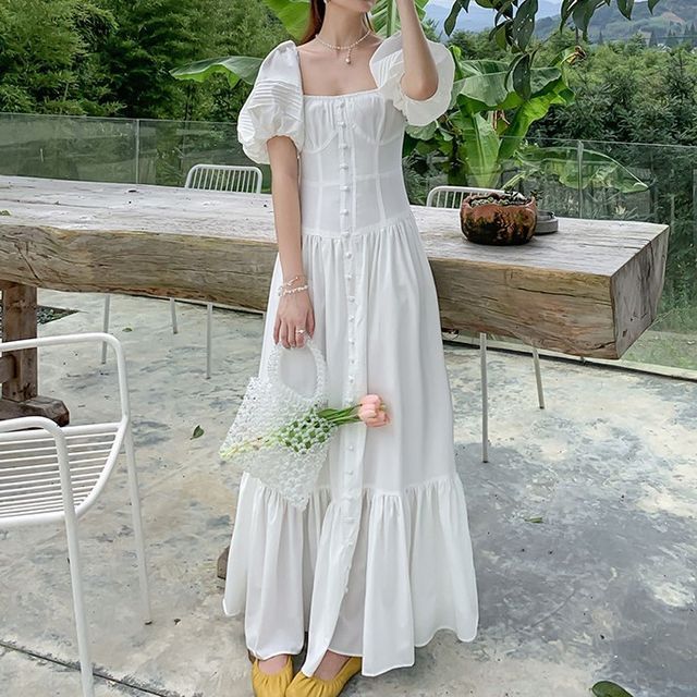 white puff sleeve square neck shirred bodycon dress boohoo Women's Cotton Poplin Shirred Bodice Puff Sleeve Maxi Dress in White | Size: 12