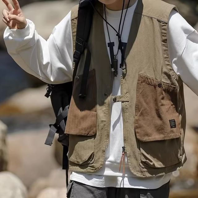 Adothuiastic-V-Neck Paneled Zip Utility Vest