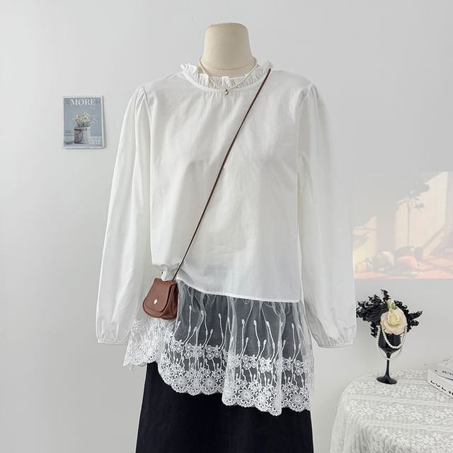 Lemongrass-Ruffle-Neck Lace-Hem Overfit Blouse