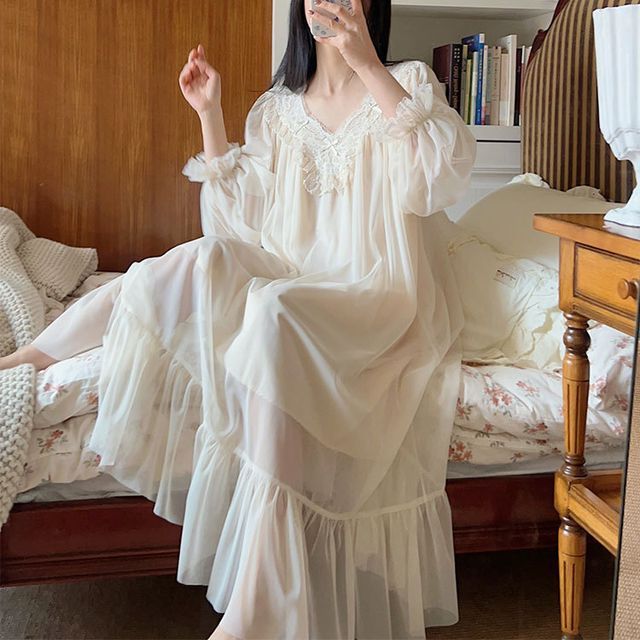 chinese dress ladies Sheer Feathers Pajamas with Long Sleeves Black, XL / Black