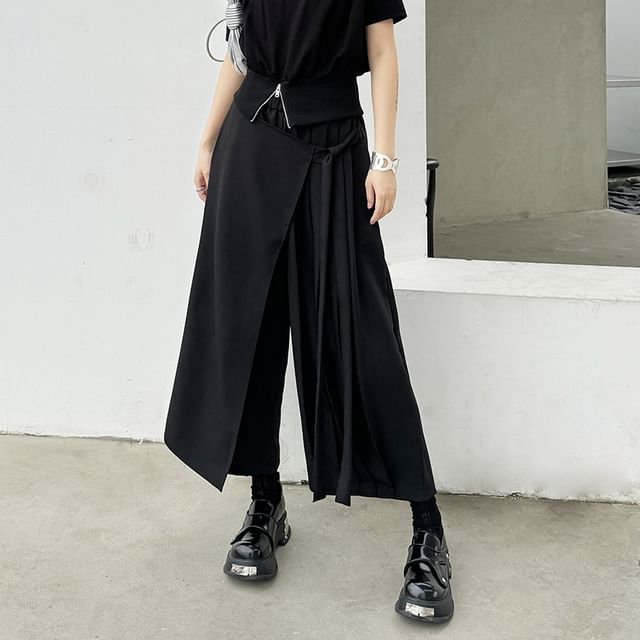 KUMI-Elastic Waist Plain Cropped Culottes