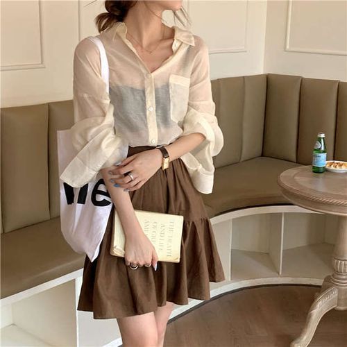 monroll - Long-Sleeve Sheer Shirt / Tiered A-Line Mini Skirt | YesStyle