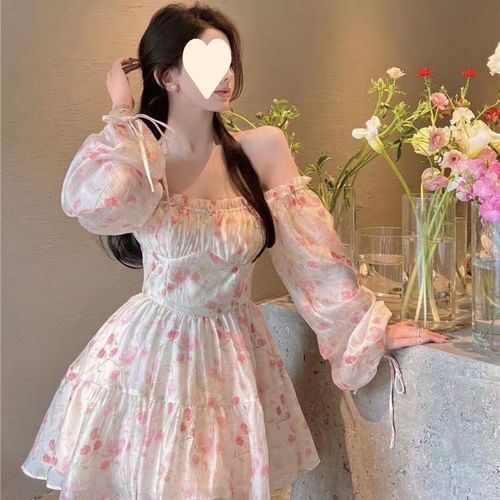 Pumkina - Puff-Sleeve Off-Shoulder Floral Mini A-Line Dress