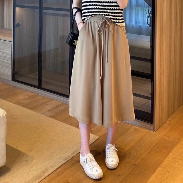 Everose-Elastic Waist Plain Crop Wide Leg Pants