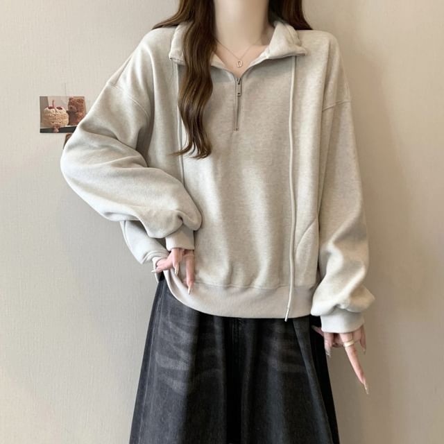 Iduna-Stand Collar Plain Half Zip Pullover