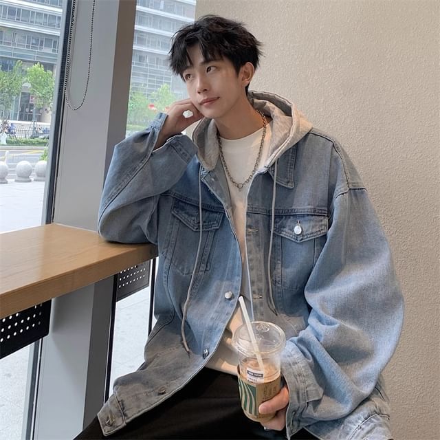 emeisa-Hooded Button-Up Denim Jacket