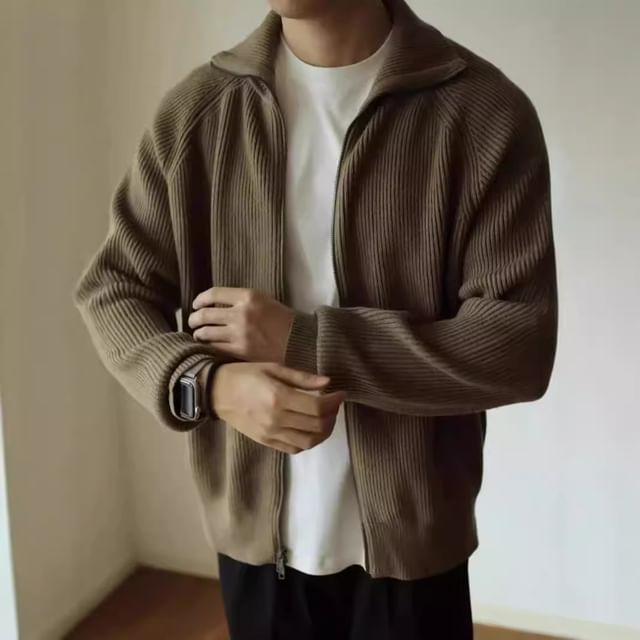 Savenne-Stand Collar Plain Ribbed Zip-Up Cardigan