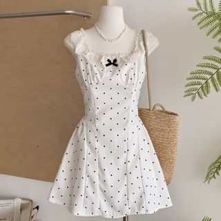 Dute Sleeveless Square Neck Dotted Bow Ruffle Mini A-Line Dress Sale
