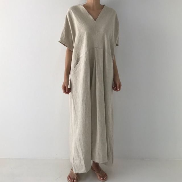 MIKIGA-Short-Sleeve V-Neck Plain Maxi Sundress