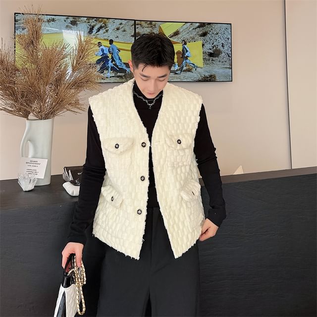 ravewider-V-Neck Tasseled Tweed Button-Up Vest