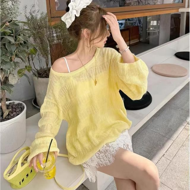 GOUB-Long-Sleeve Off-Shoulder Plain Sheer Knit Top