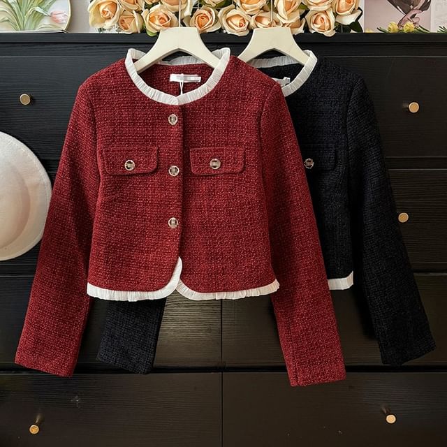 Lemongrass-Contrasted Round-Neck Tweed Jacket