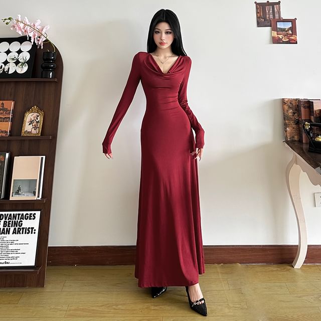 Bababy - Long-Sleeve Cowl Neck Plain Maxi A-Line Dress | YesStyle Bababy - Long-Sleeve Cowl Neck Plain Maxi A-Line Dress | YesStyle