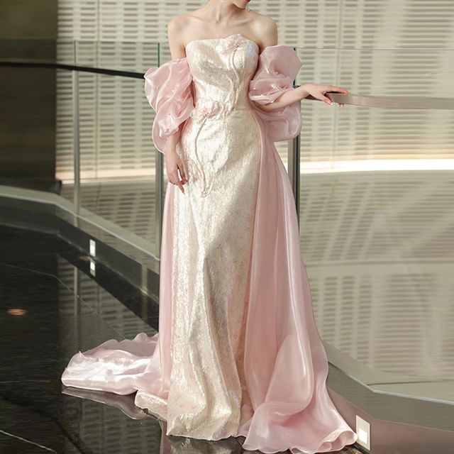Fioridi - Puff-Sleeve Off-Shoulder Floral Sequin Trumpet Evening Gown |  YesStyle