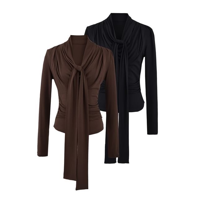 Ulark-Long Sleeve V-Neck Plain Ruched Crop Top