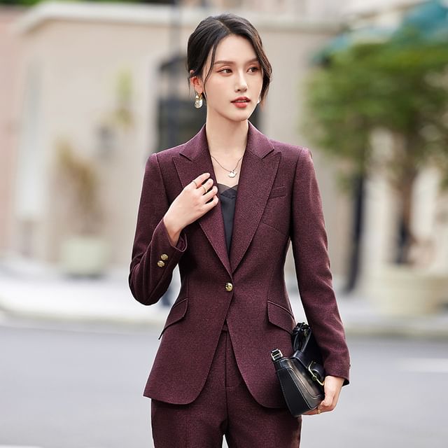 Skyheart-Peak Lapel Plain Single-Button Blazer High Waist Bootcut Dress Pants Set