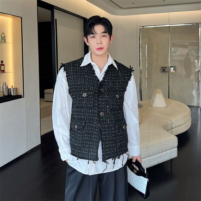 Patow-V-Neck Tweed Buttoned Vest