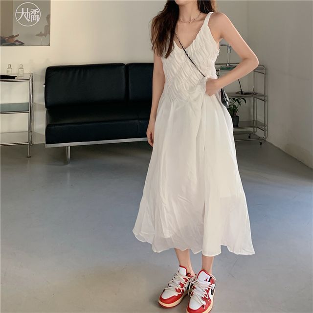 Yako-Spaghetti Strap Plain Midi A-Line Dress