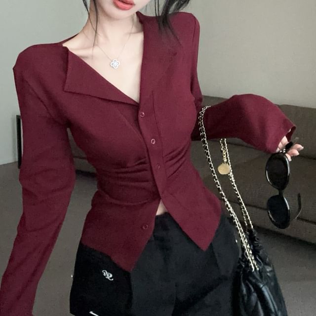 Metonymph-Long Sleeve V-Neck Plain Ruched Button Top