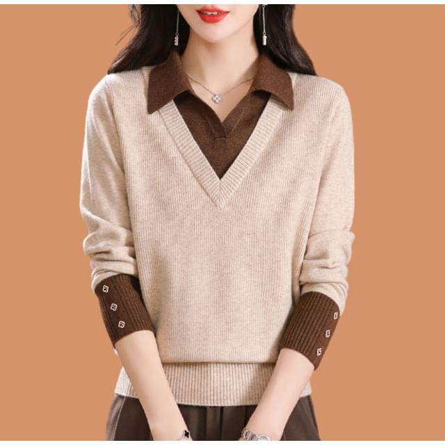 Omibayo-Mock Two-Piece Long-Sleeve Two-Tone Collared Sweater