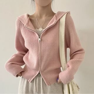 Meatacci Plain Ribbed Zip-Up Knit Hoodie Sale