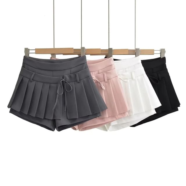 Asiris-High Waist Plain Pleated Mock Two Piece Mini A-Line Skort