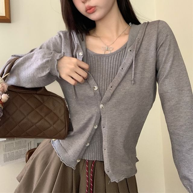 Allinya-Plain Hooded Mock Two-Piece Cardigan
