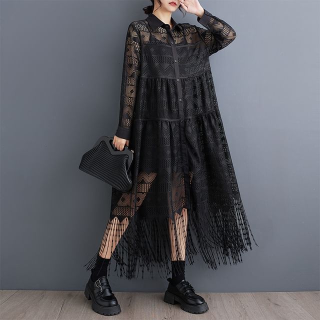 Lewwe - Long Sleeve Collared Plain Fringe Panel Lace Maxi A-Line Shirt Dress | YesStyle Lewwe - Long Sleeve Collared Plain Fringe Panel Lace Maxi A-Line Shirt Dress | YesStyle