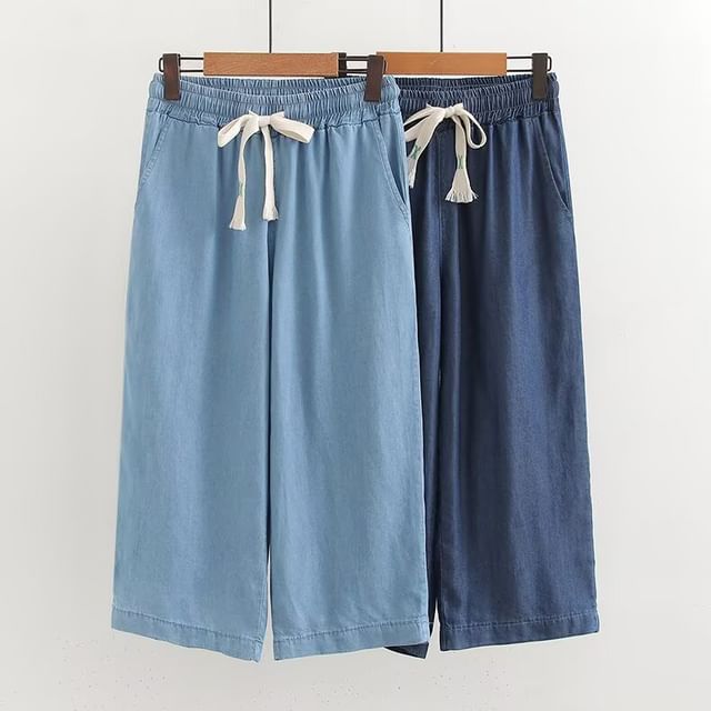 PANDAGO-Drawstring Waist Plain Crop Wide Leg Pants