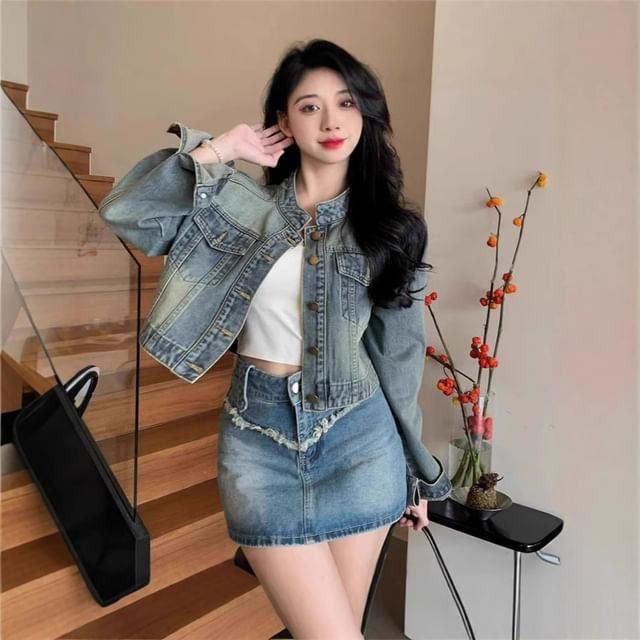 Lexama-Stand Collar Washed Denim Crop Button Down Jacket