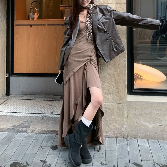 chinese dress ladies Faux Leather Belted Dress with Ruched Sleeves Burnt Orange / XL main image 0