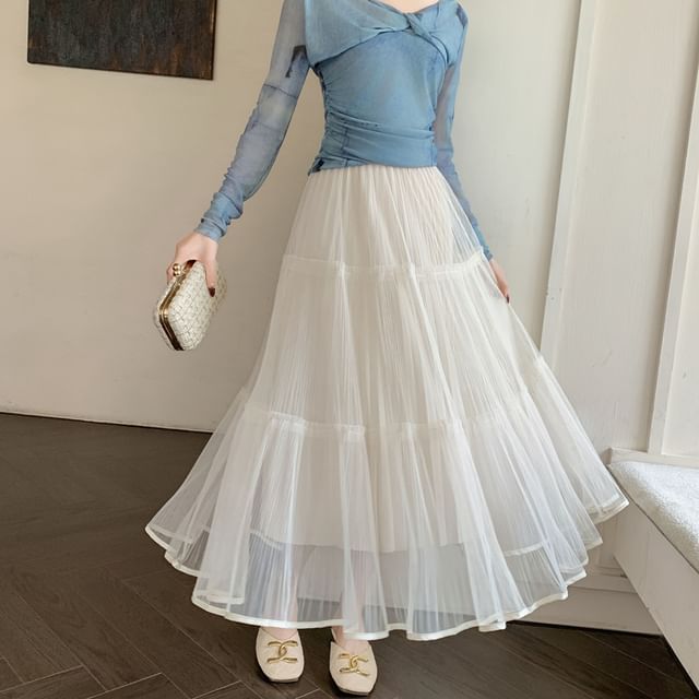 Juuri-High Rise Plain Mesh Maxi A-Line Skirt